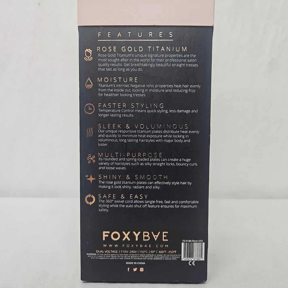 FoxyBae Tres Sleek Flat Iron Rose Gold Black Titanium Hair Straightener
